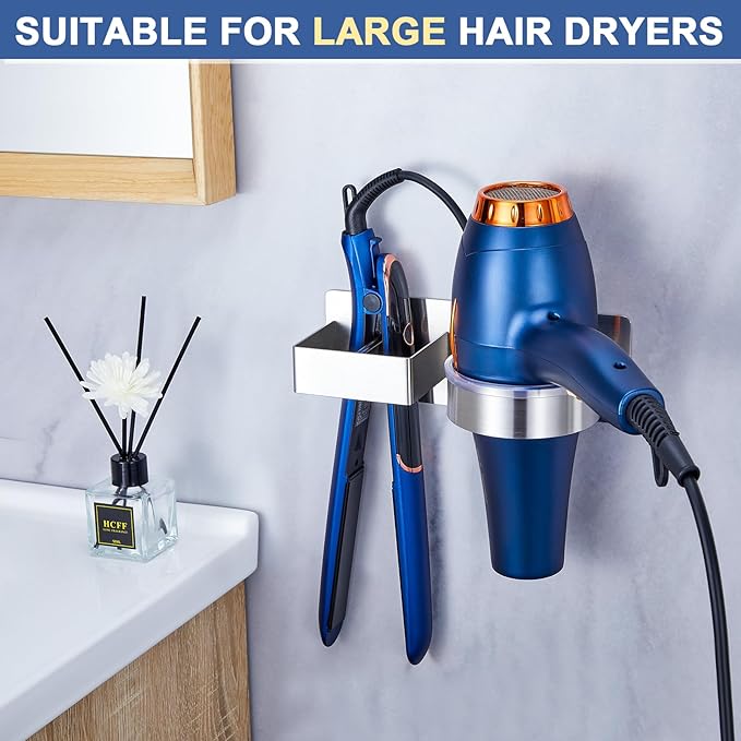 Hair Straightener Holder Wall, Blow Dryer Holder Wall Mounted Hairdryer Holder for Bathroom, Hair Tools Organizer & Storage Curling Iron Holder, Salon Hair Dryer Holder (Silver)