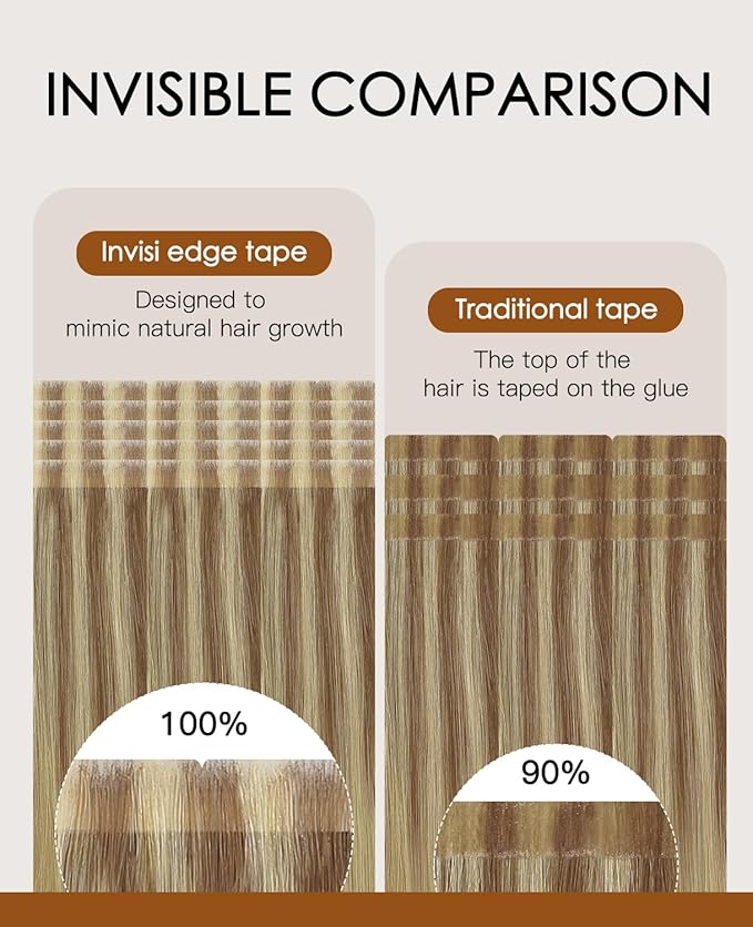 VINBAO Invisible Tape in Hair Extensions Human Hair Seamless Injected Human Hair Tape Ins Extensions Balayage Ash Brown to Caramel Blonde Natural Blend 50g 20pcs 18inch #10/16/16