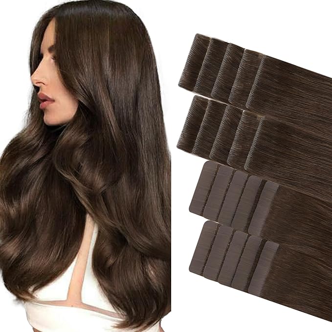 GOO GOO Invisi Edge Tape in Hair Extensions Human Hair, 4A Chocolate Brown 10pcs injected with 10pcs classical tape ins, 24inch 50g, Virgin Remy Hair, Natural Look