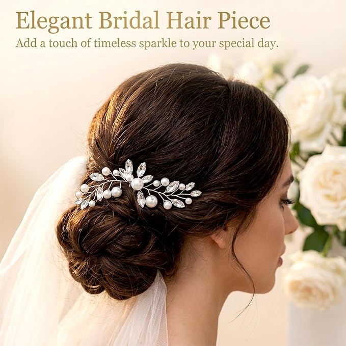 Wedding Pearl Hair Pin 12 x 8 cm Silver Leaf Bridal Hair Clips Accessories with Rhinestones and Flowers for Women