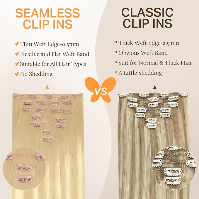 DOORES Clip in Human Hair Extensions, DirtyBlonde Mixed Platinum Blonde 110g 7pcs 22 Inch, Seamless Invisi Edge Straight Hair Extensions