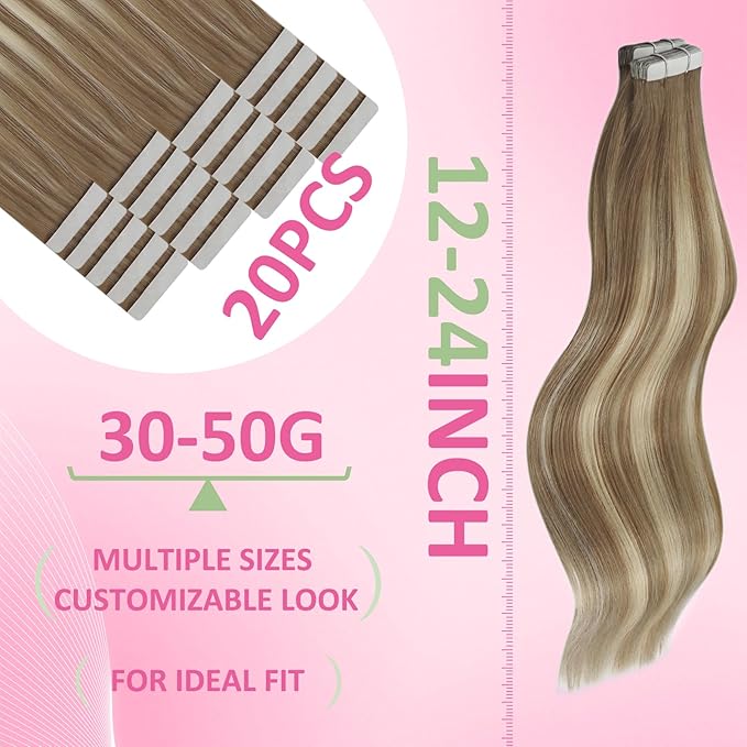 YoungSee Tape in Hair Extensions Real Human Hair Balayage Tape in Extensions Light Brown Ombre Blonde Human Hair Tape-in Extension Invisible Tape-on Hair Extension 16In for Women 50g