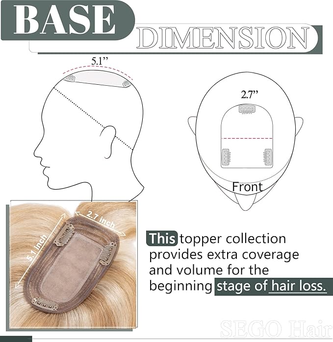 SEGO Hair Toppers for Women Real Human Hair with Thinning Hair, Toppers Hair Clip in Toppers with Front Bangs 150% Density Silk Base -6 Inch #12/613 Golden Brown Mix Bleach Blonde