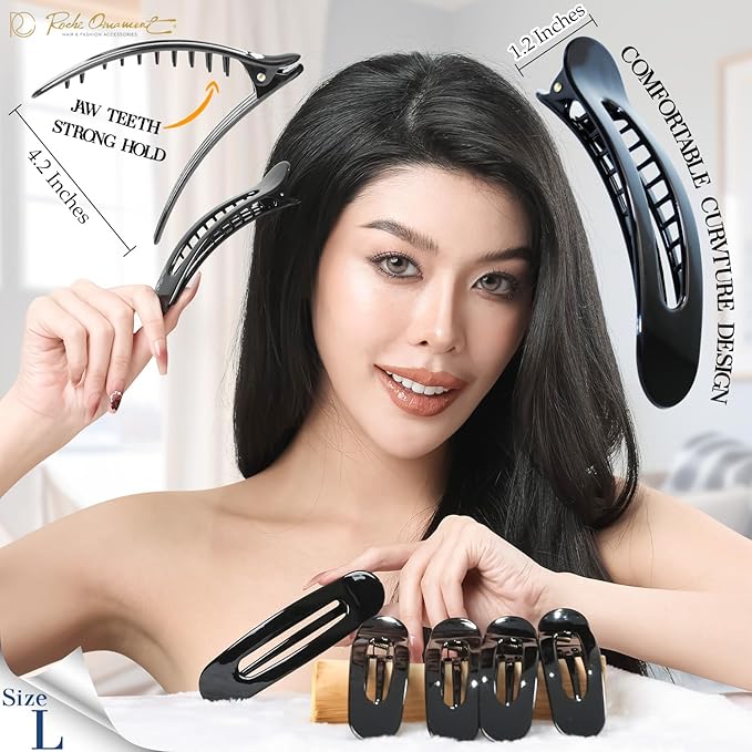 RC ROCHE 6 Pcs Flat Claw Hair Clips for Women Lay Down Barrettes No Crease Side Slide Thick Long Hair Duckbill French Against Head Jaw Claw Styling Jumbo Extra XL Clamp, Large Black