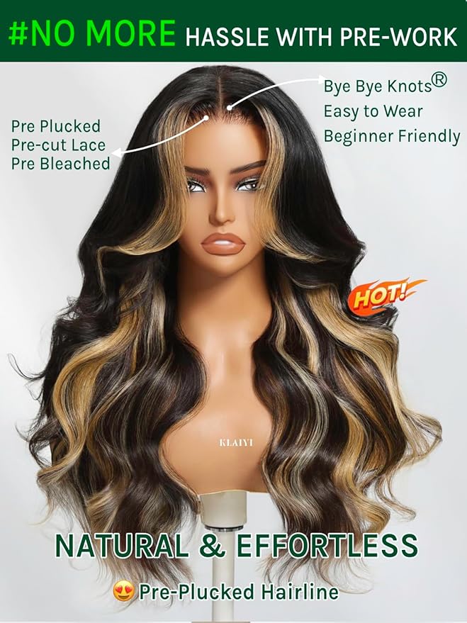 KLAIYI Ombre Highlight Blonde Loose Body Wave Bye Bye Knots Glueless Wigs Human Hair 7x5 Precut Lace Front Pre Plucked Bleached Ready to Wear Go Wig with Face Framing Curtain Bang Caramel Brown 24Inch