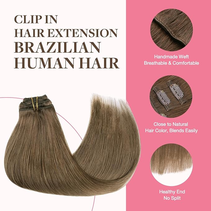 GOO GOO Clip in Hair Extensions Real Human Hair, Remy Human Hair Extensions Clip ins for Women, Natural Human Hair, 14inch 150g 9Pcs, 5 Light Ash Brown