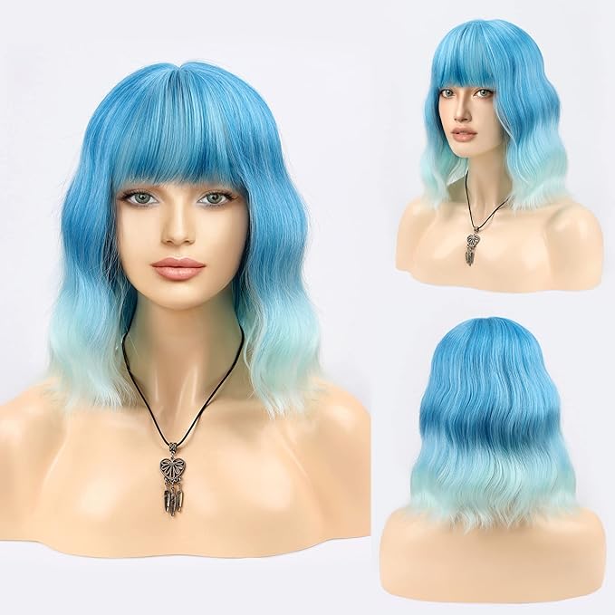 FAELBATY Ombre Blue Wig Short Curly Wig with Bangs Short Blue Wig for Women Girls Shoulder Length Synthetic Halloween Cosplay Party Wig Costume Wigs (12" Ombre Blue)