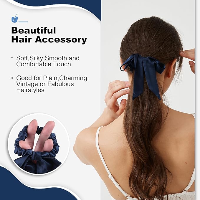 1 Piece Silk Bow Scrunchies for Hair-100% Pure Mulberry 22 Momme Silk Hair Tie, Elastic Ponytail Holder, Elegant Soft Bow Hair Ties Band for Women Hair Care, Multiple Colours (NAVY BLUE)