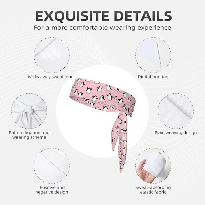 Boys Girls Sports Sweat Band, Boho Style Elastic Head Ribbon for Running Fitness Spa, Beauty Skinny Cute Cartoon Penguin And Heart Pink Headwear Hand Decor