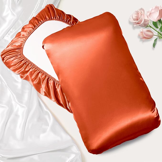 Manyshofu Satin Pillowcases for Hair Protection - 1Pcs Burnt Orange Pillow Cases, Elastic Band Standard & Queen Satin Pillowcases Luxury Silky Pillow Cases Travel Pillow Covers