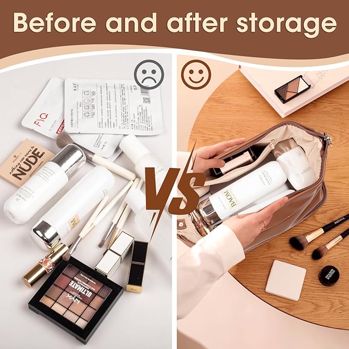 Abiudeng Large Capacity Makeup Bag Ladies Cosmetic Bag Travel Bag with Compartments Portable PU Leather Travel Makeup Bag with Handle