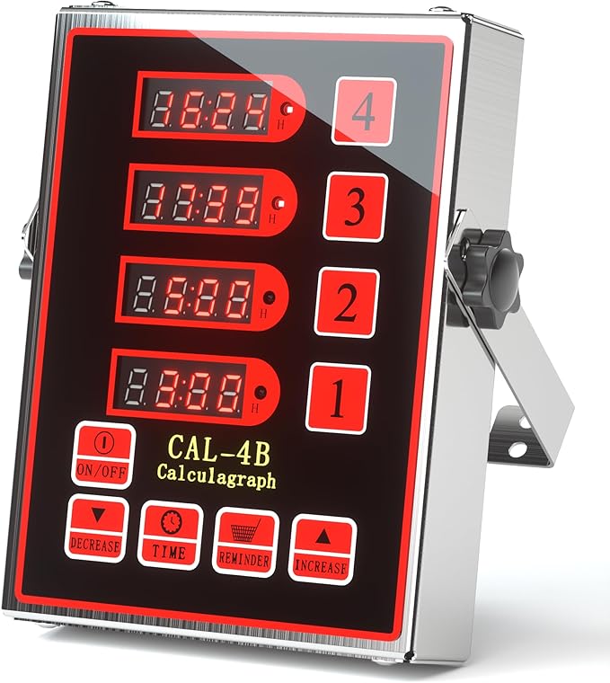 Commercial Kitchen Timer, 4-Channel Digital Timer for Cooking, Loud Alarm Volume +/-, Food Truck Restaurant Supplies, Heavy Duty Stainless Steel Large Timers with Waterproof Panel & Memory Function