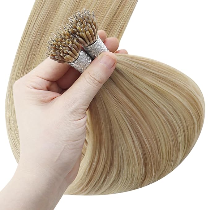 YoungSee Human Hair Nano Extensions Blonde Highlight Nano Human Hair Extensions for Women Nano Tips Real Hair Extension Natural 20inch 50g/50s Invisible Nanolink Hair Blonde Adding Length