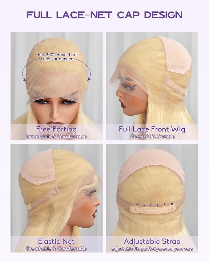 Real Full Lace Human Hair Wigs 613 Lace Front Wig Human Hair 180 Density Body Wave HD Full Lace Blonde Wig Plucked Bleached Knots Breathable Full Scalp Wig for Women 18Inch