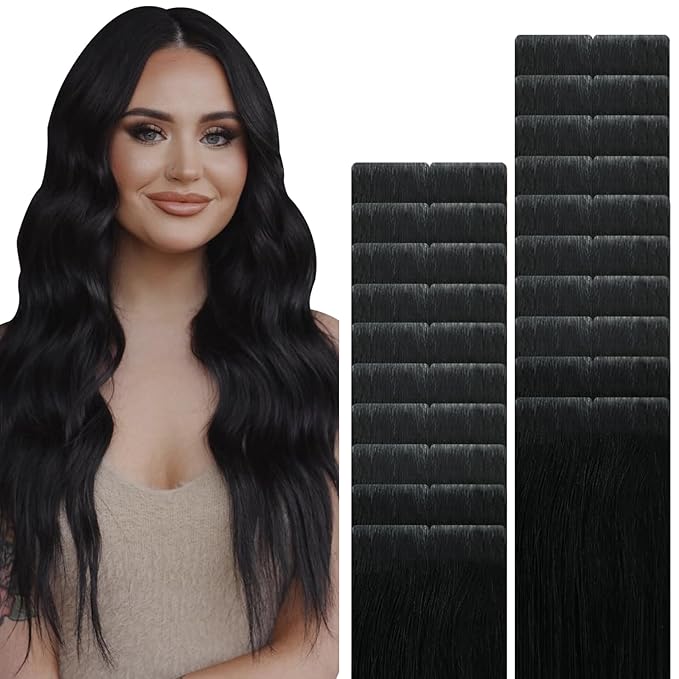 VINBAO Invisi Edge Tape in Extensions Human Hair, Jet Black 40g 20pcs, Injected Tape in Extensions Virgin Human Hair Seamless Injected Tape Hand-Tied Pro Invisible 14inch #1