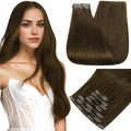 Full Shine Clip in Hair Extensions Real Human Hair 22 Inch Medium Chestnut Brown Seamless Human Hair Clip in Extensions with PU Weft for Long Hair 8 PCS 120 G