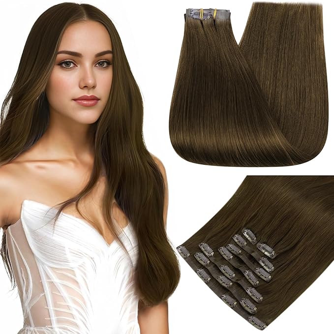 Full Shine Brown Clip in Hair Extensions Natural Brown Seamless Clip ins Full Head Invisible Hair Extension Human Hair Short Real Hair 14 Inch 8 PCS 120 G