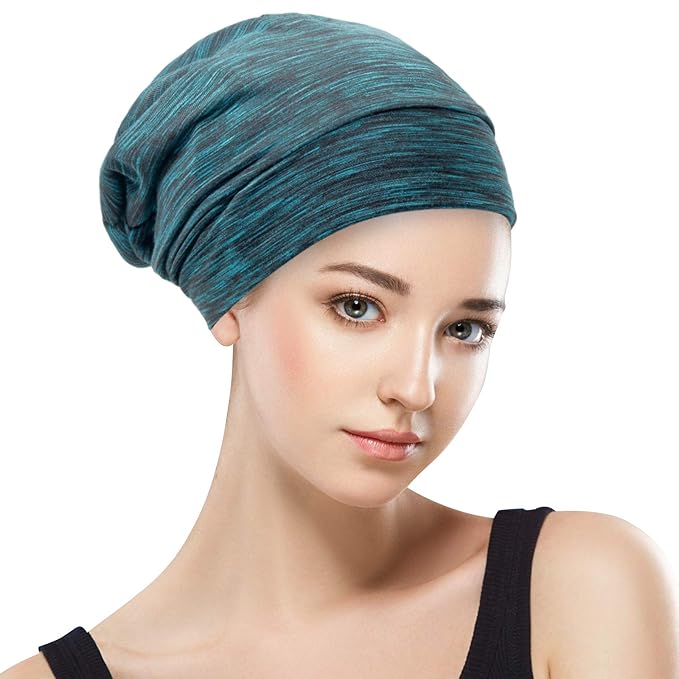 Silk Satin Lined Bonnet Sleep Cap - Adjustable Stay on All Night Hair Wrap Cover Slouchy Beanie for Curly Hair Protection for Women and Men - Heather Lake Blue