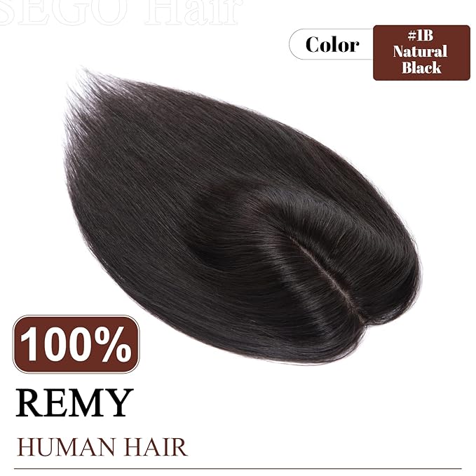 SEGO Real Human Hair Topper for Women, No Bangs Hair Topper with Anti-Slip Clips (16 Inches 1B Natural black)