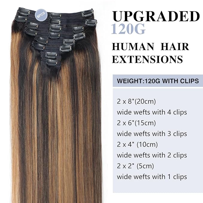 Balayage Clip in Hair Extensions Real Human Hair Straight Remy Human Hair Clip ins for Women, Natural Soft Human Hair, 8Pcs 120g, 16inch #1B/6/1B Balayage Natural Black to Chestnut Brown