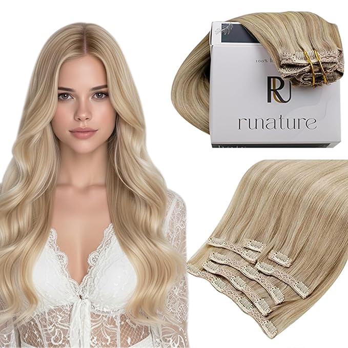 RUNATURE Clip in Hair Extensions Real Human Hair Blonde Highlight 18 Inch Real Human Hair Clip in Extensions 120g Blonde Hair Extension Clip Ins Human Hair Extension Full Head Double Weft 7pcs