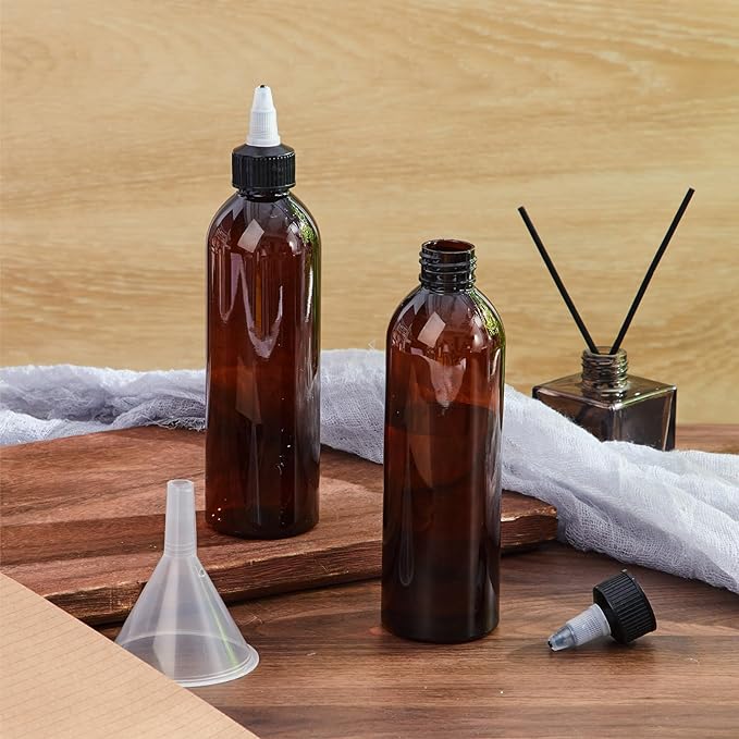 Barydat 36 Pcs 8 oz Squeeze Bottle Twist Top Applicator Bottles Empty Hair Oil Bottle with Funnels Refillable Amber Plastic Bottles for Liquid Hair Oil Shampoo Lotion