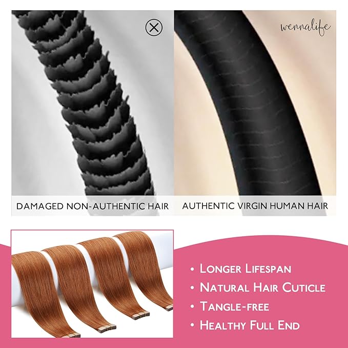 WENNALIFE Tape in Hair Extensions Human Hair Dirty Ginger Tape in Extensions, 10pcs 25g 14 inch Remy Invisible Tape Ins Straight Colored Soft Real Human Hair Tape in Extensions Refill Set Extensions