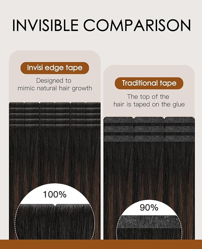 VINBAO 60g Invisi Edge Tape in Hair Extensions Real Human Hair 22in 20pcs Natural Black Ombre to Chocolate Brown Invisible Injected Tape in Hair Extensions 22inch #1BT4