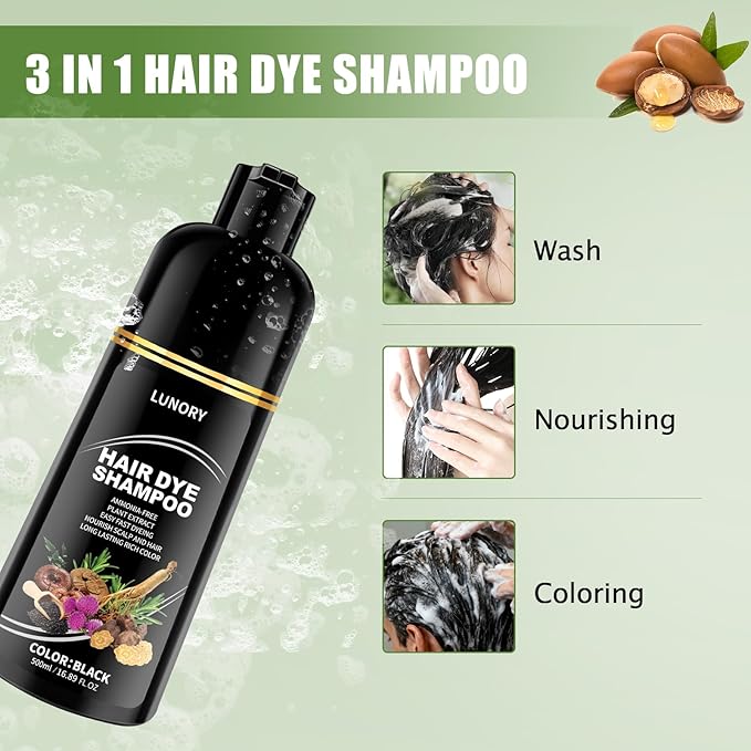 Black Hair Dye Shampoo for 100% Gray Coverage - 3 IN 1 Hair Color Shampoo with Argan Oil & Ginseng, Ammonia & Paraben Free, Long Lasting Semi-Permanent Natural Color for Women & Men (500ml)