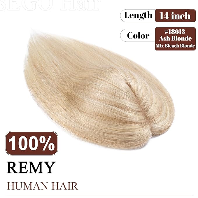 SEGO Real Human Hair Topper for Women No Bangs, Hair Topper with Anti-Slip Clips (6 Inches Ash Blonde Mix Bleach Blonde)