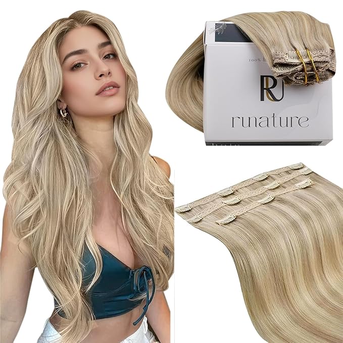 RUNATURE Clip in Hair Extensions Real Human Hair, Natural Hair Extensions Clip Ins, Remy Human Hair for Women Double Weft 18 Inch 50g 3pcs #16P22 Dark Ash Blonde Highlight Light Blonde