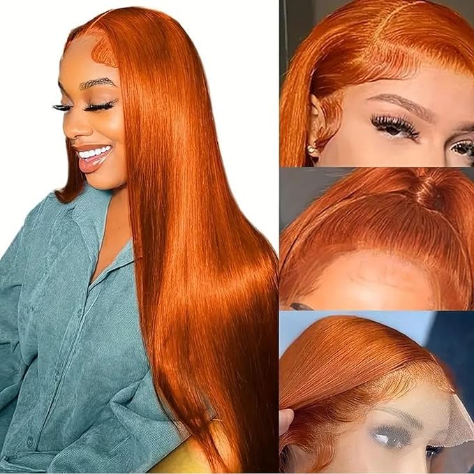 Ginger Wig Human Hair 13x4 Straight Ginger Orange Lace Front Wigs Human Hair HD Transparent Lace Frontal 350 Colored Wig Pre Plucked 180% Density 28inch