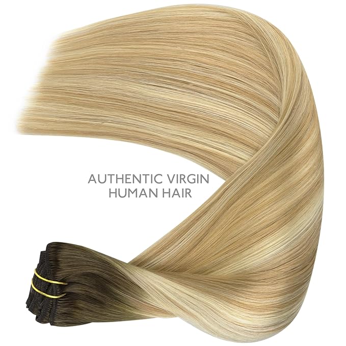 WENNALIFE Clip in Hair Extensions Real Human Hair, 22 Inch 120g 7pcs Remy Hair, Balayage Light Ash Brown to Light White Blonde Hair Extensions Clip In Real Hair Coloured