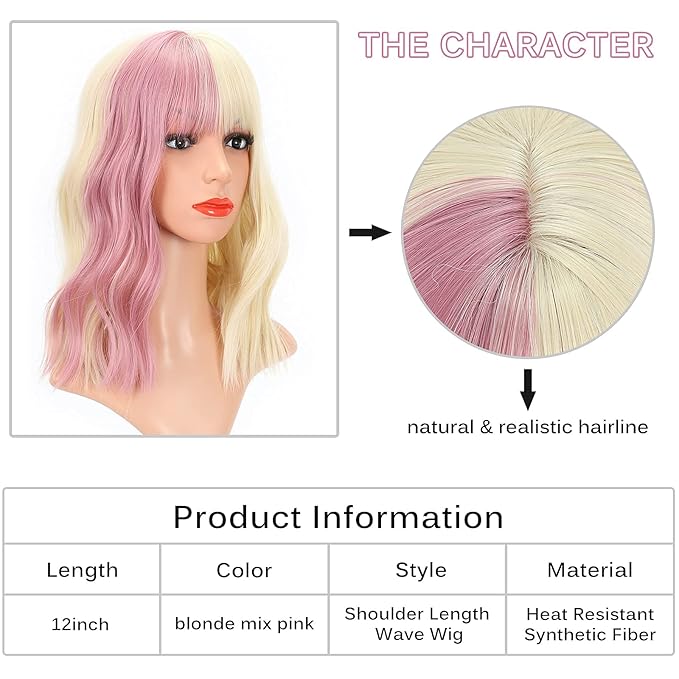 FAELBATY Short Blonde Wig Highlight Pink Wigs With Bangs Women's Blonde Mixed Pink Bob Wig Curly Wavy Synthetic Cosplay Wig Shoulder Length Wig for Girl's Costume Wigs(12" blonde mixed pink)