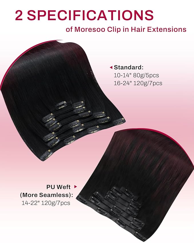 Moresoo Clip in Hair Extensions Ombre Black to Wine Red Double Weft Real Hair Clip in Extensions Balayage Black to Burgundy 7Pcs/120G 22inch