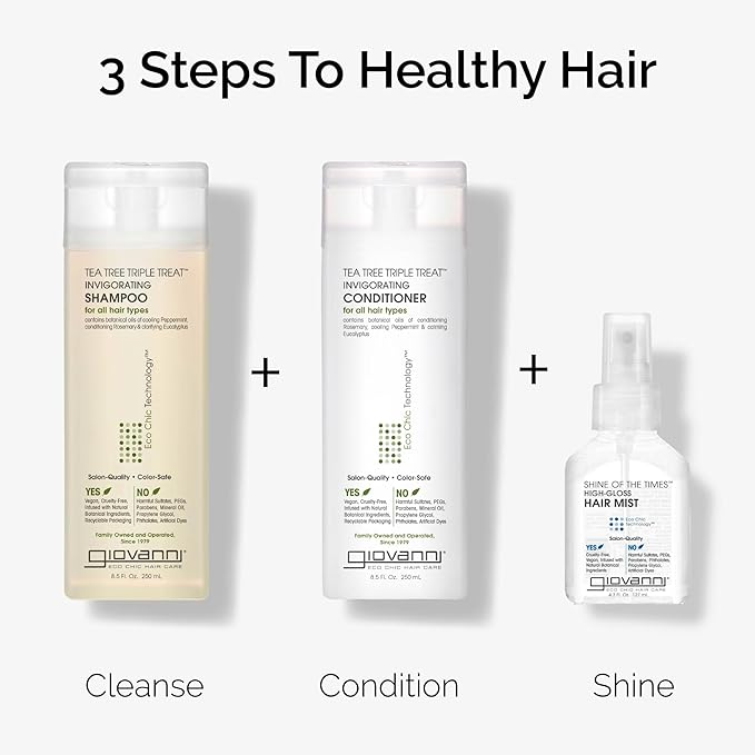 GIOVANNI Tea Tree Triple Treat Invigorating Shampoo - Cooling Peppermint, Eucalyptus & Rosemary, Helps Strengthen & Rejuvenate Hair & Scalp, Salon Quality, Paraben Free, Tea Tree Shampoo - 8.5 oz