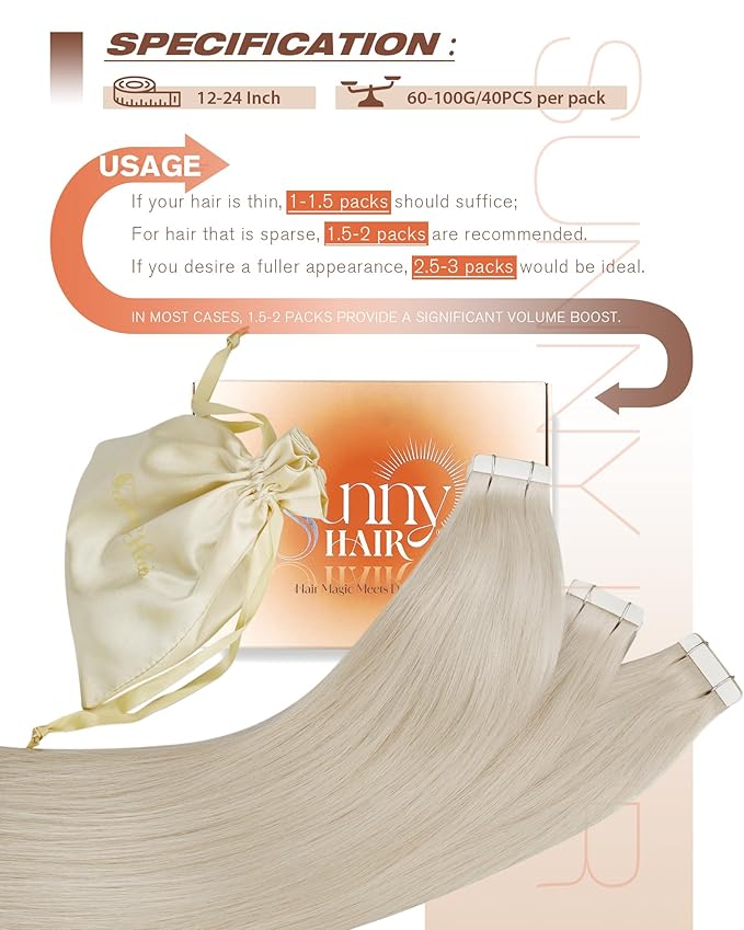 Sunny Hair Tape in Hair Extensions Human Hair 14inch Hair Extensions Real Human Hair Tape in Extensions for Women Platinum Blonde Invisible Natural Straight Skin Weft Double Sided Tape 40pcs 100g