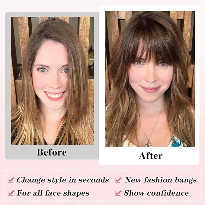 NAYOO Bangs Hair Clip- Brown Fake Bangs 100% Real Human Hair Extensions French Bangs for Women Fringe with Temples Hairpieces Curved Bangs for Daily Wear