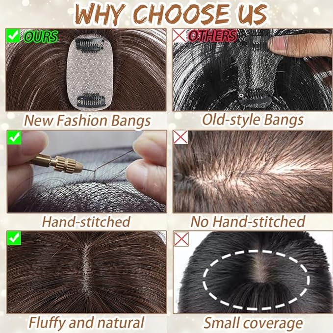 Amchoice Hair Toppers for Women Real Human Hair, Bangs Hair Clip 360° 3D Cover Bangs, Human Hair Toppers for Women Daily(Light Brown, 3D Side Bangss (5 * 9))