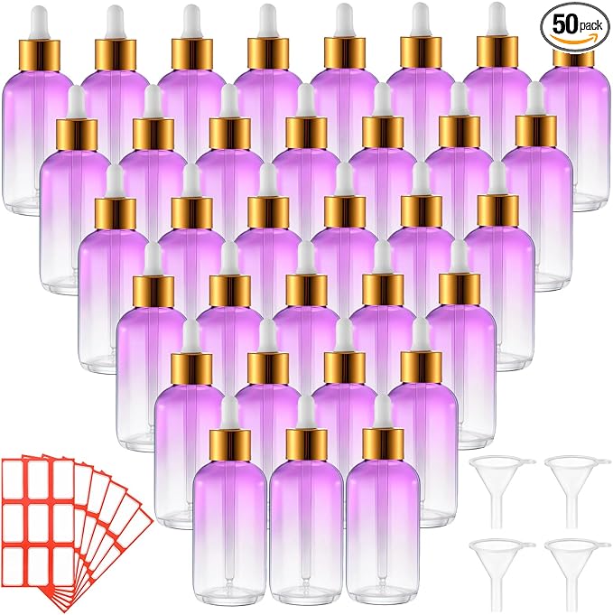 Dandat 50 Pack 4 oz Glass Dropper Bottles Leakproof 120 ml Glass Tincture Bottles with Eye Droppers, 4 Funnels, 54 Labels for Essential Oil Perfumes Hair Oil(Purple Gradient)