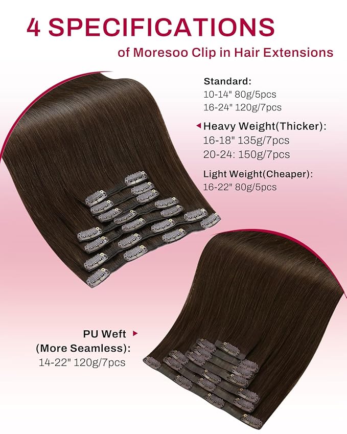 Moresoo Brown Clip in Hair Extensions Remy Double Weft Human Hair Clip in Extensions Straight Hair Extensions for Women Medium Brown #4 7pcs 135g 20inch