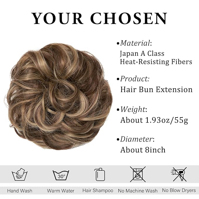CJL HAIR Large Messy Bun Hair Piece Wavy Curly Scrunchies Synthetic Chignon Ponytail Hair Extensions Thick Updo Hairpieces for Women Brunette/Honey Blonde