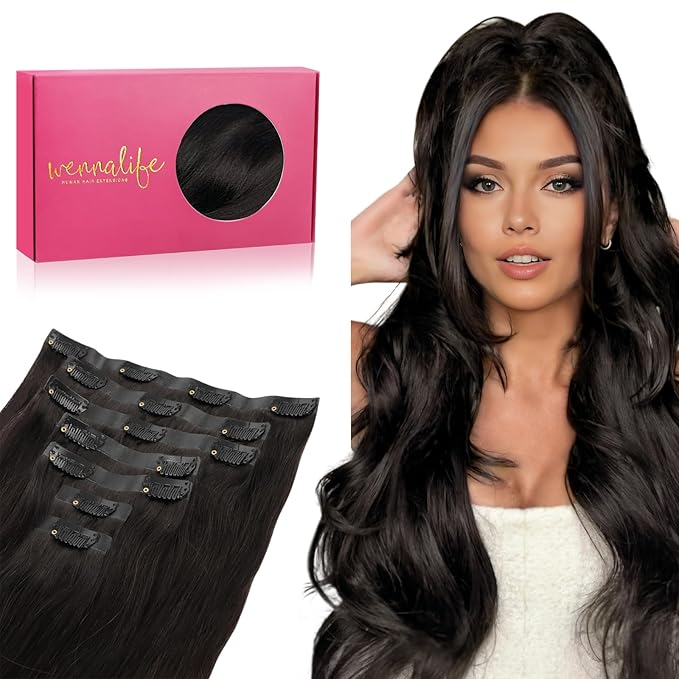 WENNALIFE Seamless Clip In Hair Extensions, 20 Inch 150g 7pcs Natural Black Hair Extensions Clip in Human Hair Invisible PU Skin Weft Natural Remy Human Hair Extensions