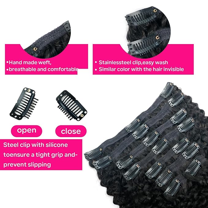Curly Clip in Hair Extensions for Black Women Brazilian Virgin Human Hair Clip in Extensions 8Pcs Kinky Curly Clip ins Human Hair with 18Clips Double Lace Weft 120g 20nch Natural Black
