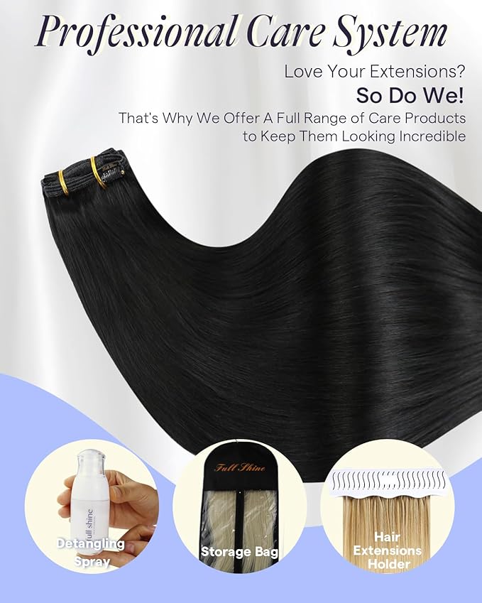 Full Shine Clip in Hair Extensions Black Women 24 Inch Jet Black Real Human Hair Extensions Clip ins 150 G 7 Pcs