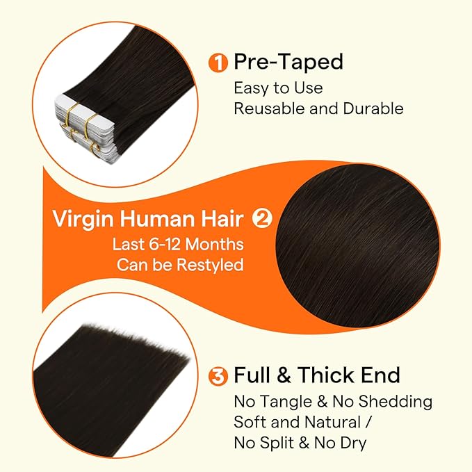Full Shine Virgin Tape in Hair Extensions Human Hair Color Dark Brown Seamless Invisi Edge Tape in Hair Extensions Virgin Hair Remy Skin Weft 25Gram 10pcs 18Inch Add Length Natural for Formal Event