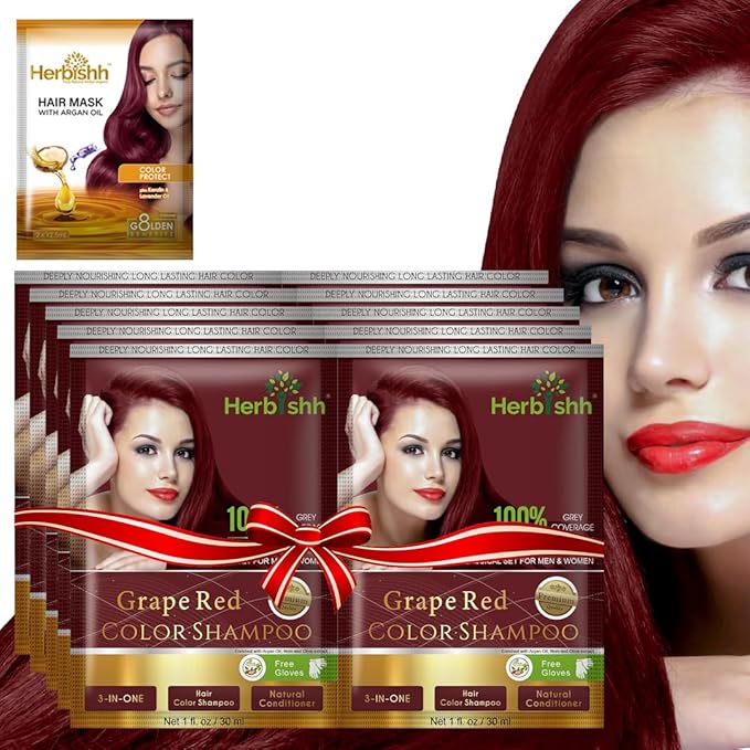 Herbishh Argan Hair Mask Shampoo - Natural Hair Dye for Gray Hair - Long-Lasting Color in Minutes - Travel Size - Ammonia-Free - 10+1 Pack (Grape Red)
