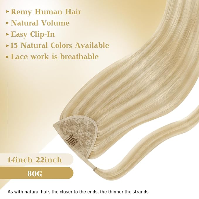 Ve Sunny Hair Extensions Ponytail Real Human Hair Wrap Around Clip in Ponytail Hair Extensions Straight Extensions Human Hair for Women Strawberry Honey Blonde Highlights Bleach Blonde 18inch 80G