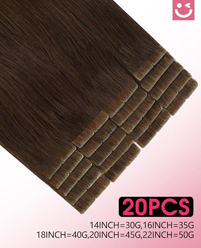 Youngsmile Insert Tape in Hair Extensions Injection Human Hair Extensions #4 Chocolate Brown Invisi Edge Tape ins Remy Human Hair 16 Inch Injected Hair Tape in Extensions 20pcs 35g Straight (#4,16'')