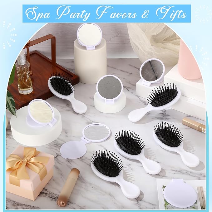 Meanplan 24 Pcs Mini Hair Brush Set 12 Travel Wet Dry Hair Combs Pocket Detangling 12 Compact Folding Makeup Mirrors for Spa Sleepover Birthday Bridal Shower Bachelorette Christmas Party Gift(White)